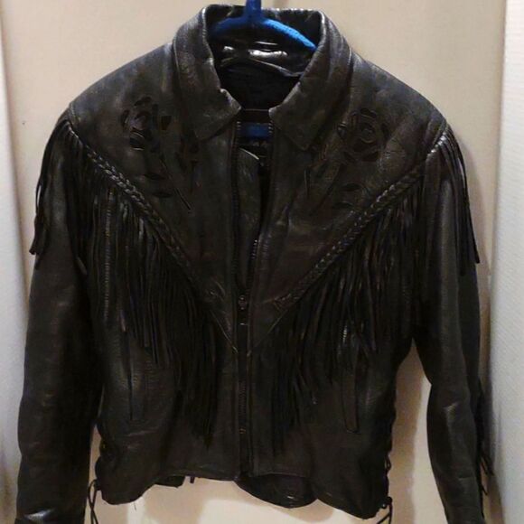 Vintage Black Leather Fringe Moto Jacket Size Small - Picture 1 of 14
